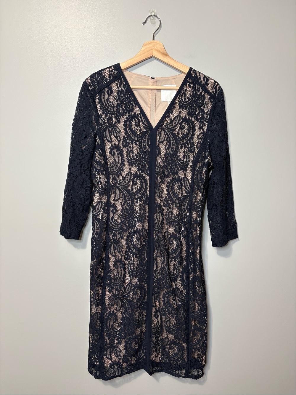 InWear Hedinna Navy Lace Overlay 3/4 Sleeve V-Neck Sheath Dress